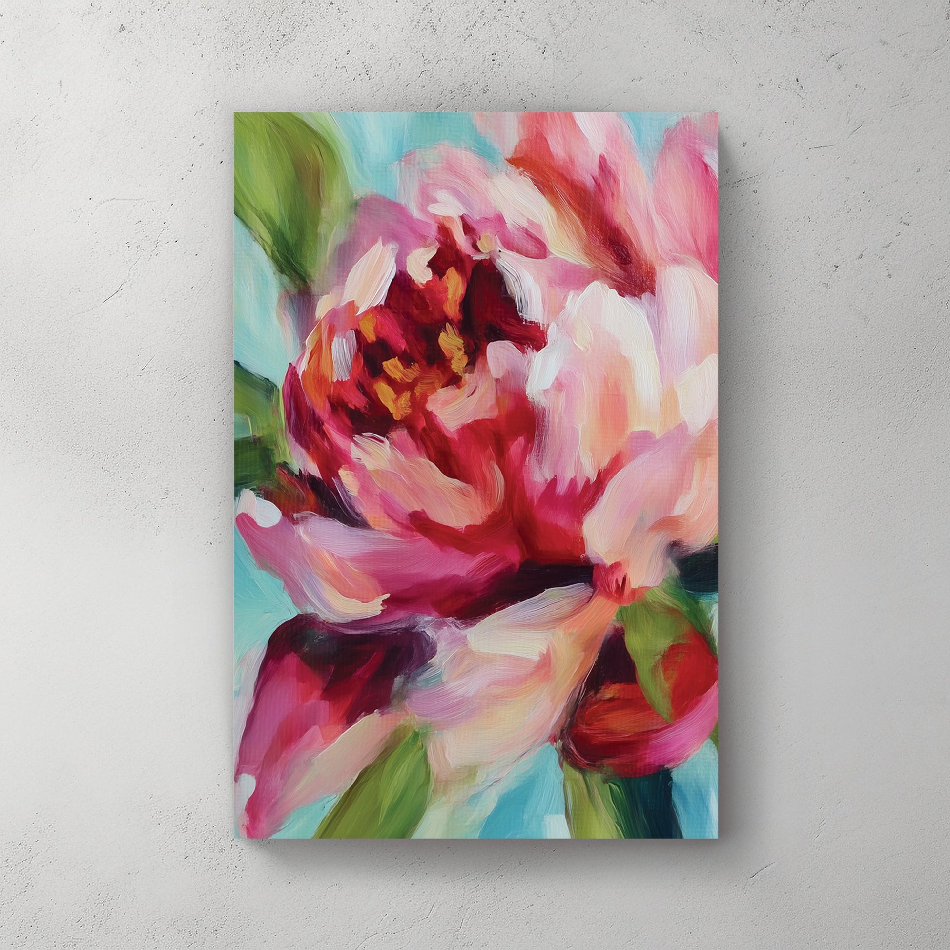 vibrant floral wall art with abstract pink and red petals on blue background