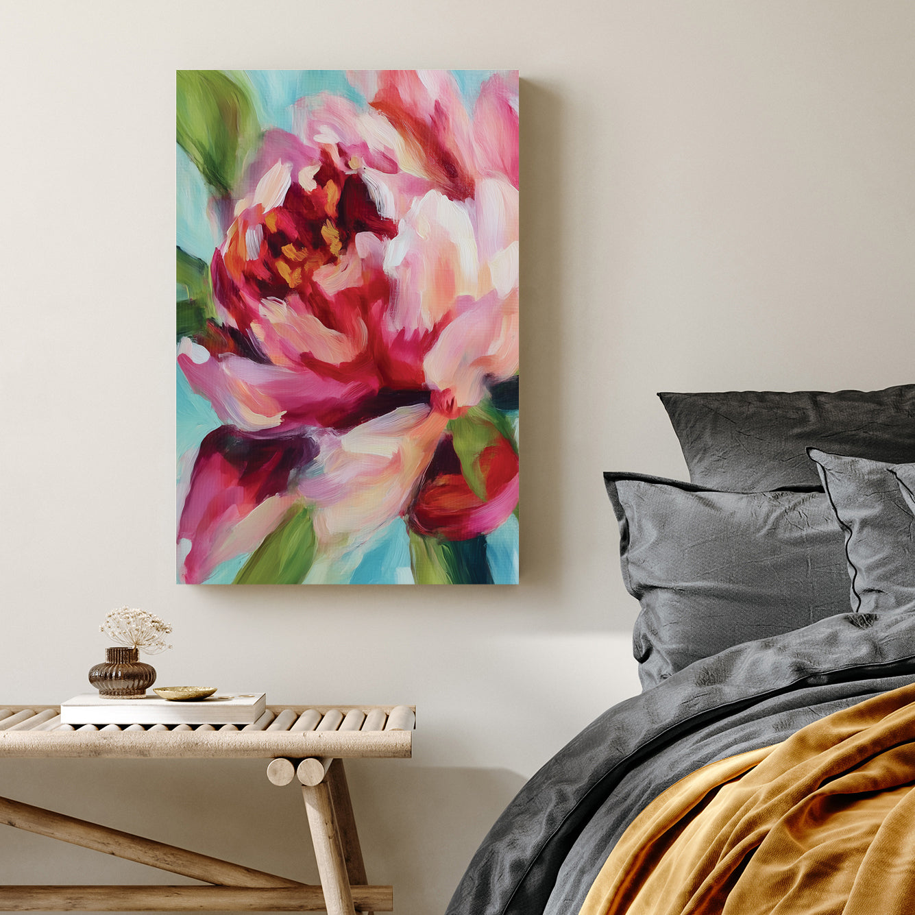 vibrant floral wall art with abstract pink and red petals on blue background