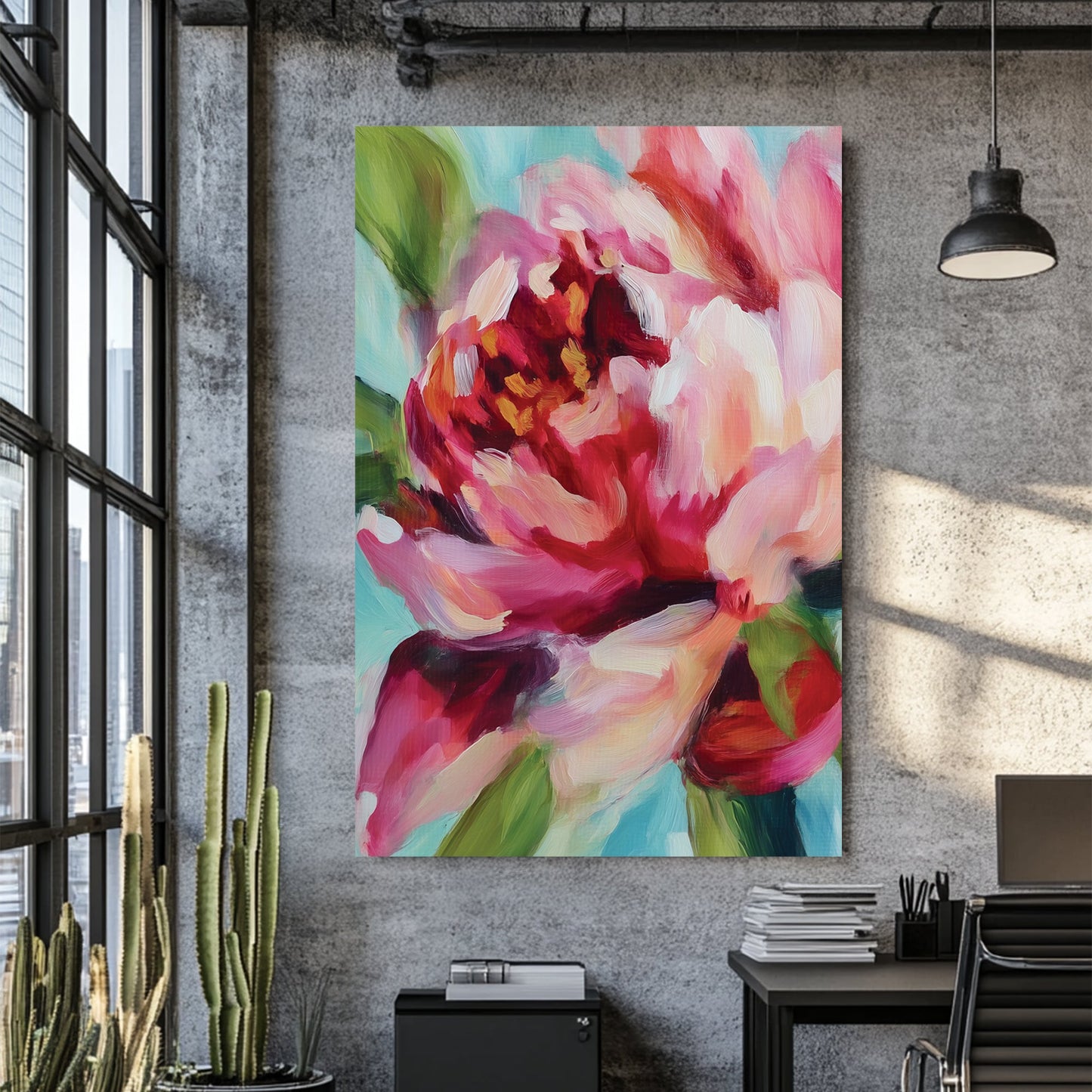 vibrant floral wall art with abstract pink and red petals on blue background