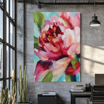 vibrant floral wall art with abstract pink and red petals on blue background