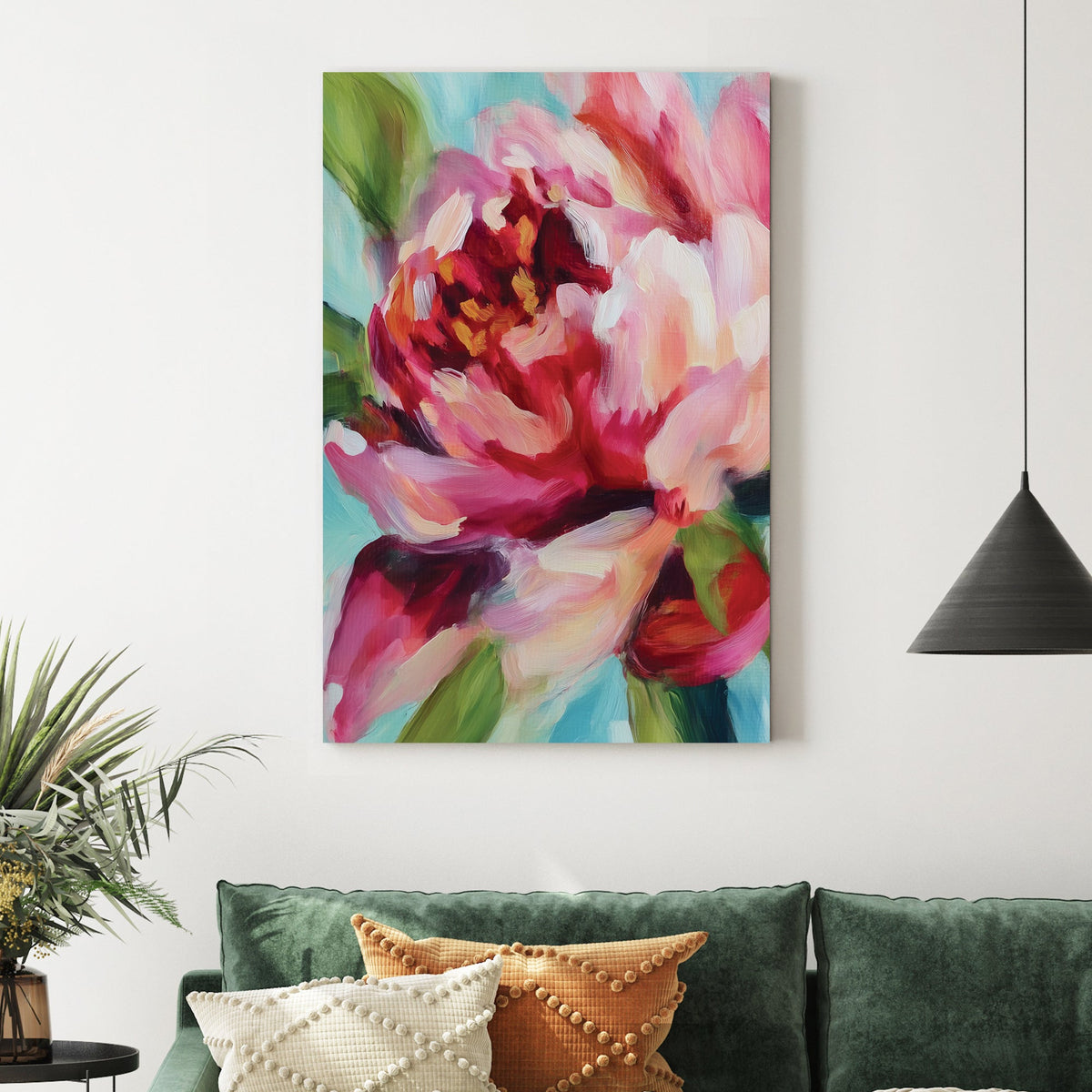 vibrant floral wall art with abstract pink and red petals on blue background