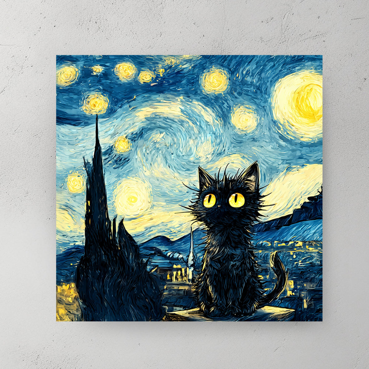 whimsical starry night cat wall art in Van Gogh inspired style