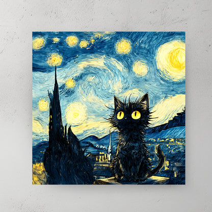 whimsical starry night cat wall art in Van Gogh inspired style