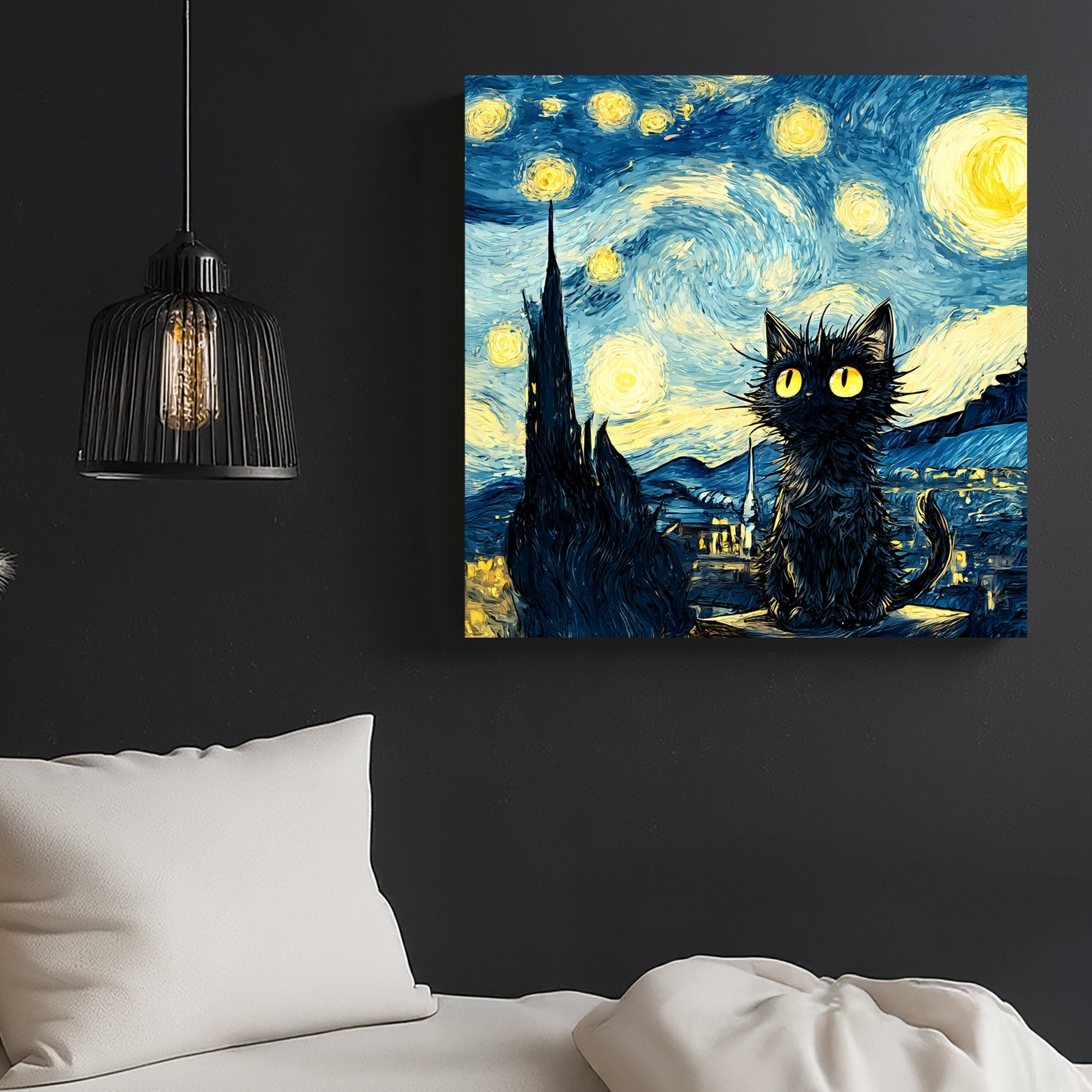 whimsical starry night cat wall art in Van Gogh inspired style