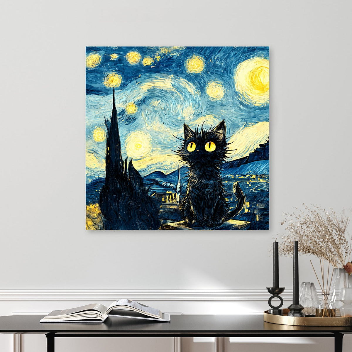 whimsical starry night cat wall art in Van Gogh inspired style