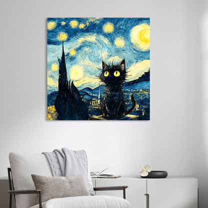 whimsical starry night cat wall art in Van Gogh inspired style