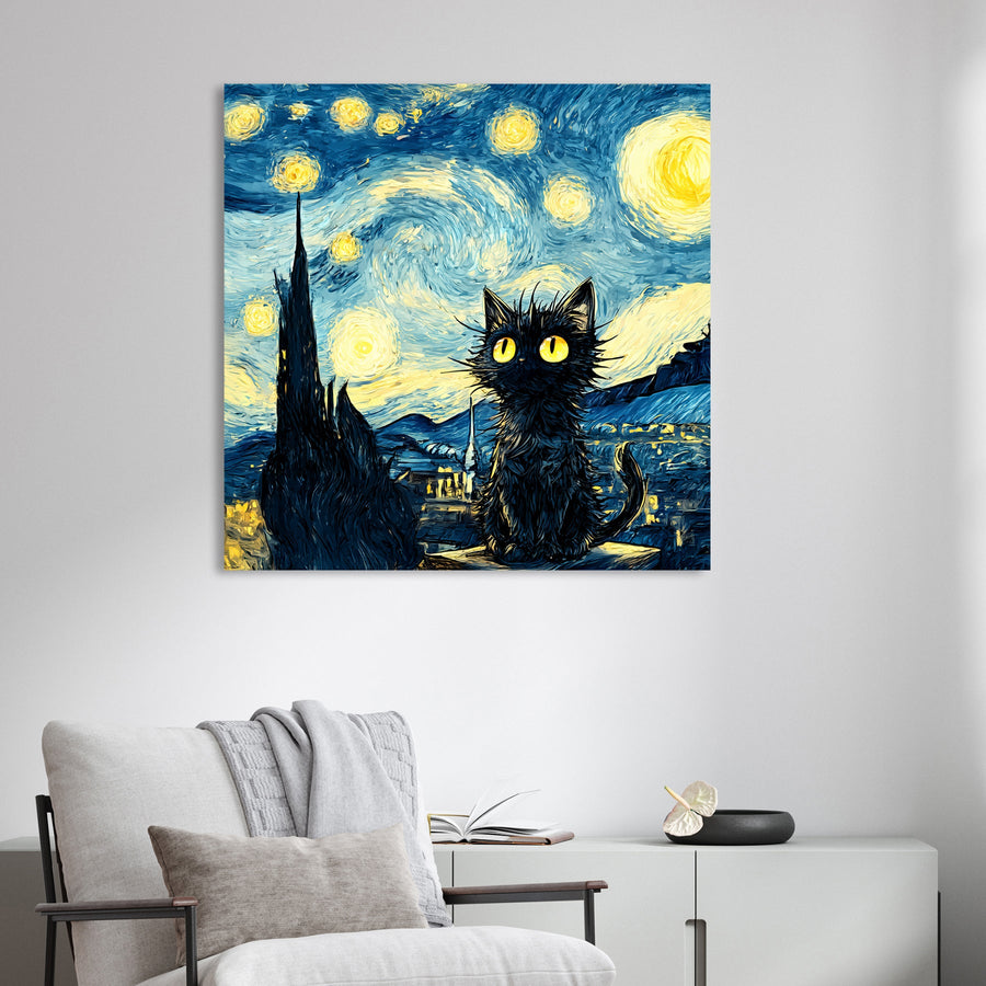 whimsical starry night cat wall art in Van Gogh inspired style