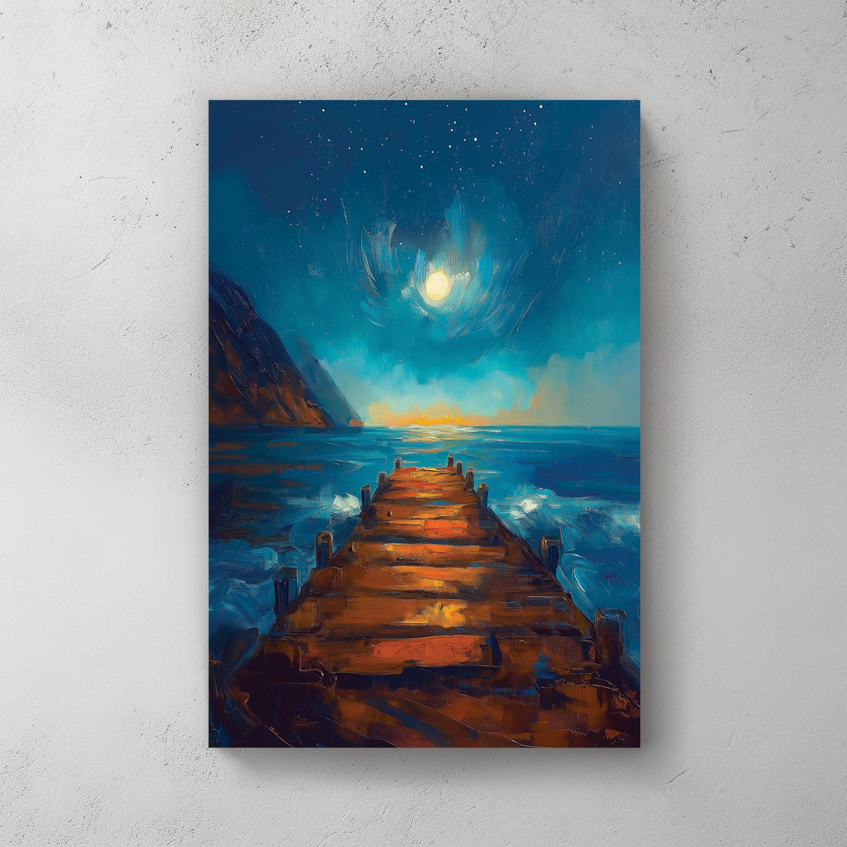 night ocean pier moonlight wall art in blue and orange tones