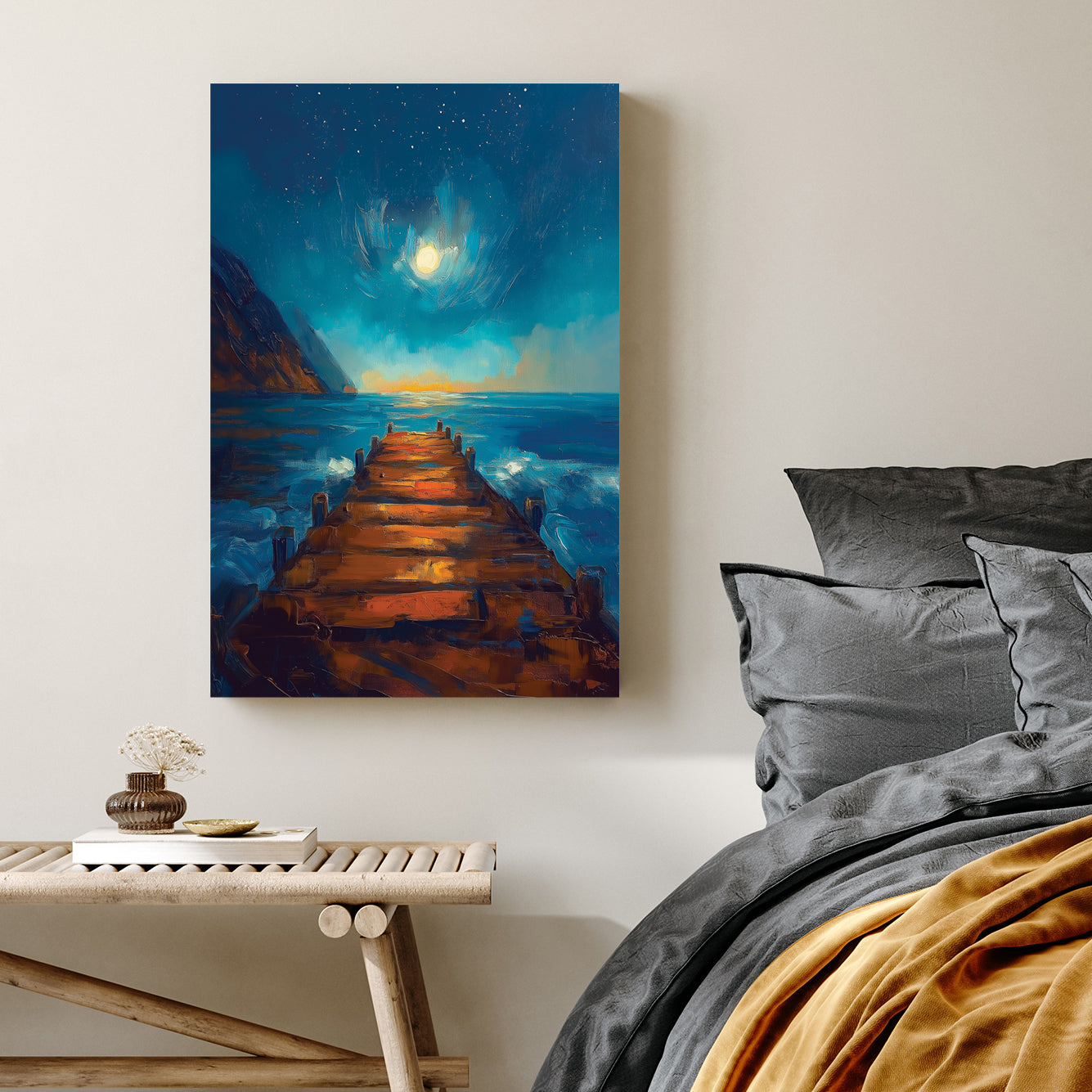 night ocean pier moonlight wall art in blue and orange tones