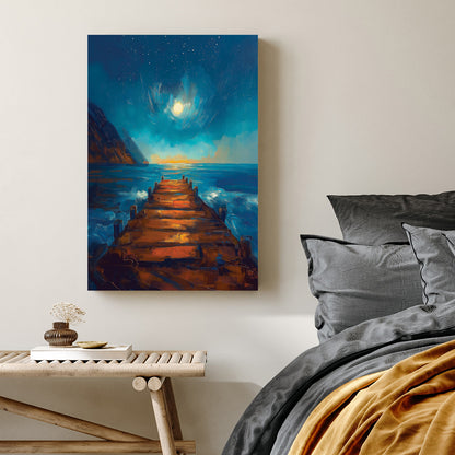 night ocean pier moonlight wall art in blue and orange tones