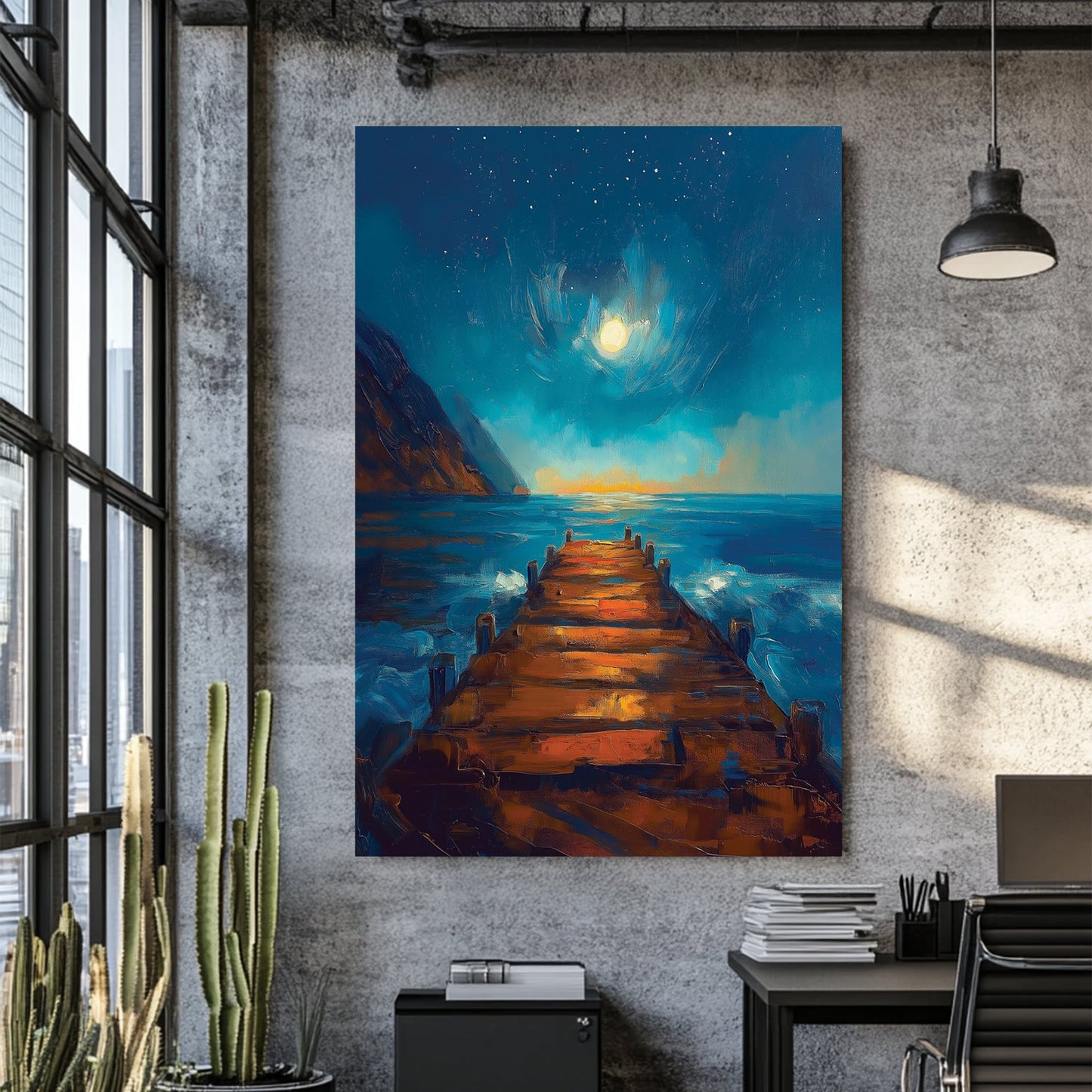 night ocean pier moonlight wall art in blue and orange tones