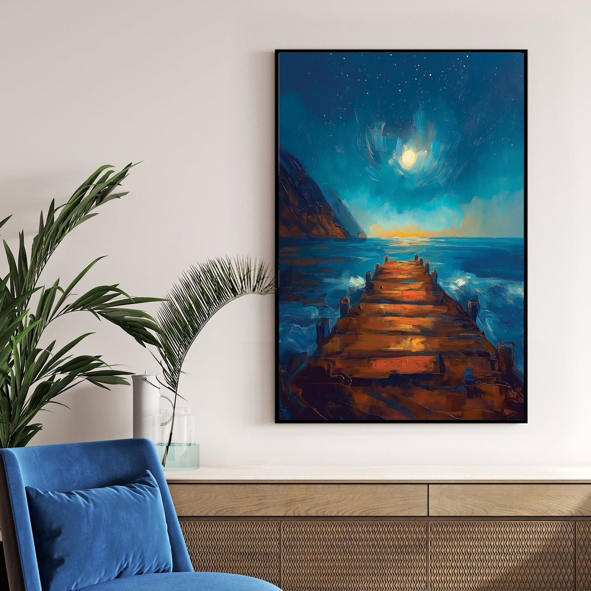 night ocean pier moonlight wall art in blue and orange tones