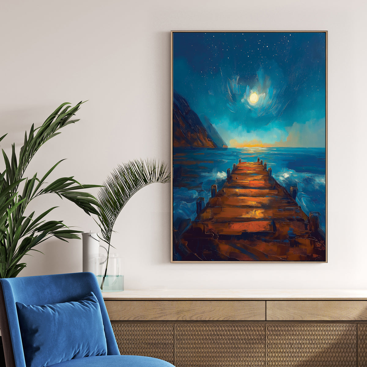 night ocean pier moonlight wall art in blue and orange tones