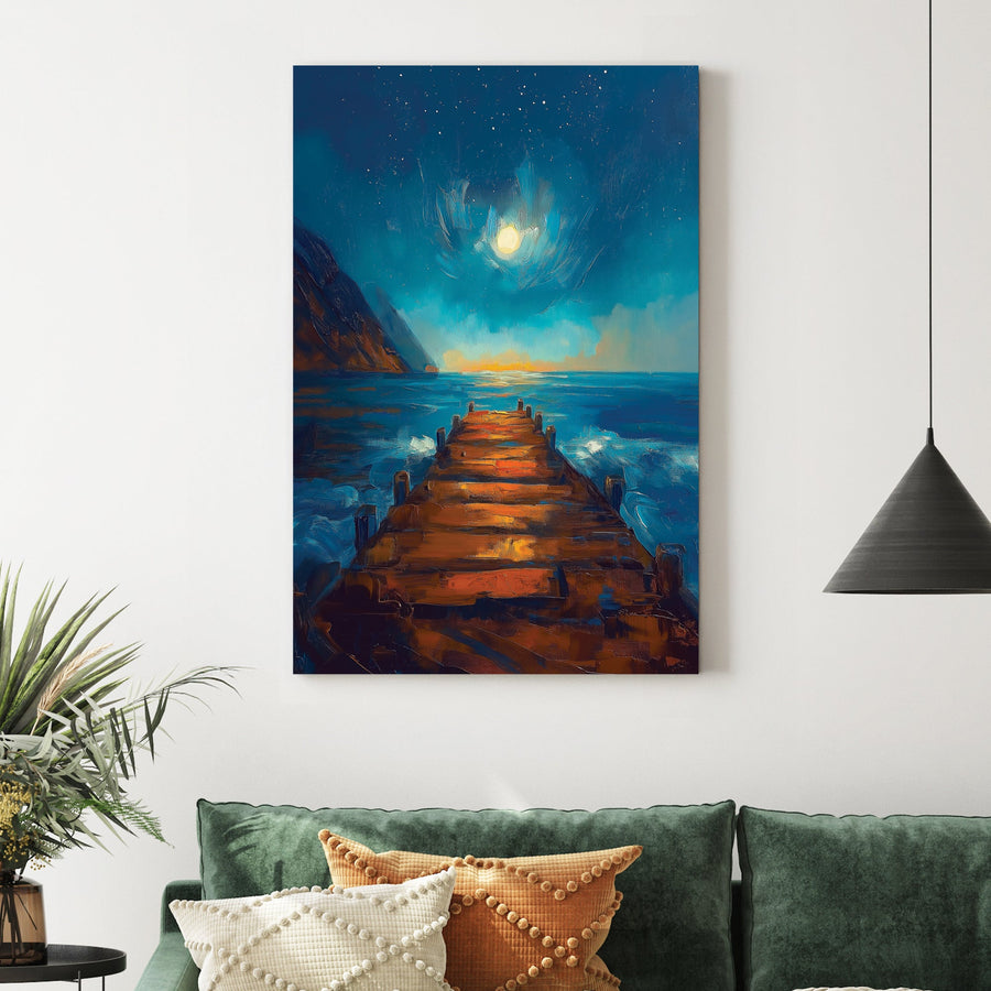 night ocean pier moonlight wall art in blue and orange tones