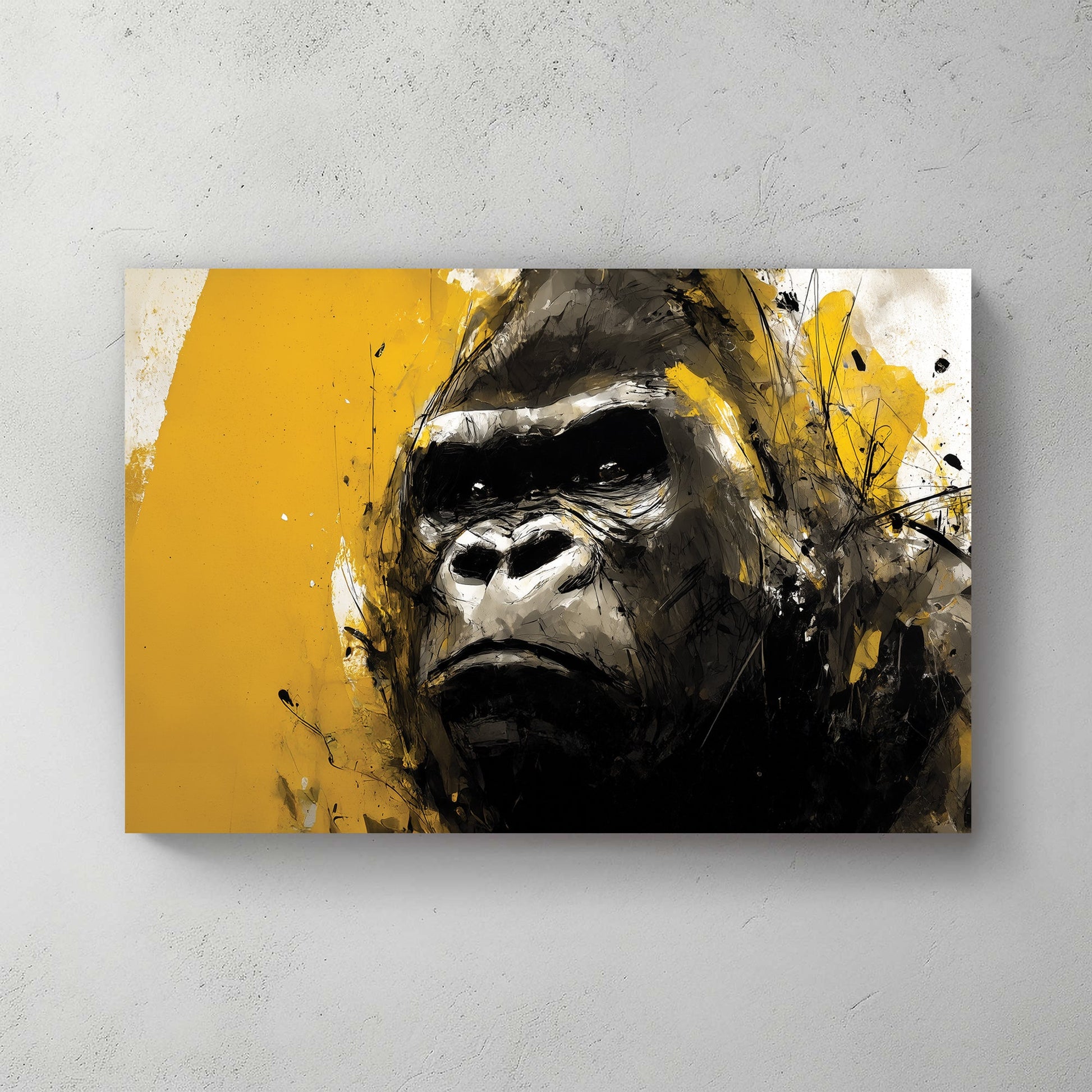 silverback gorilla wall art with yellow and black paint splashes