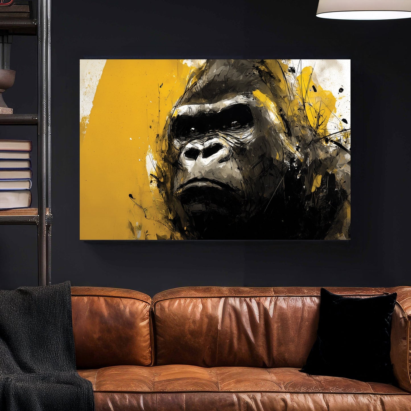 silverback gorilla wall art with yellow and black paint splashes