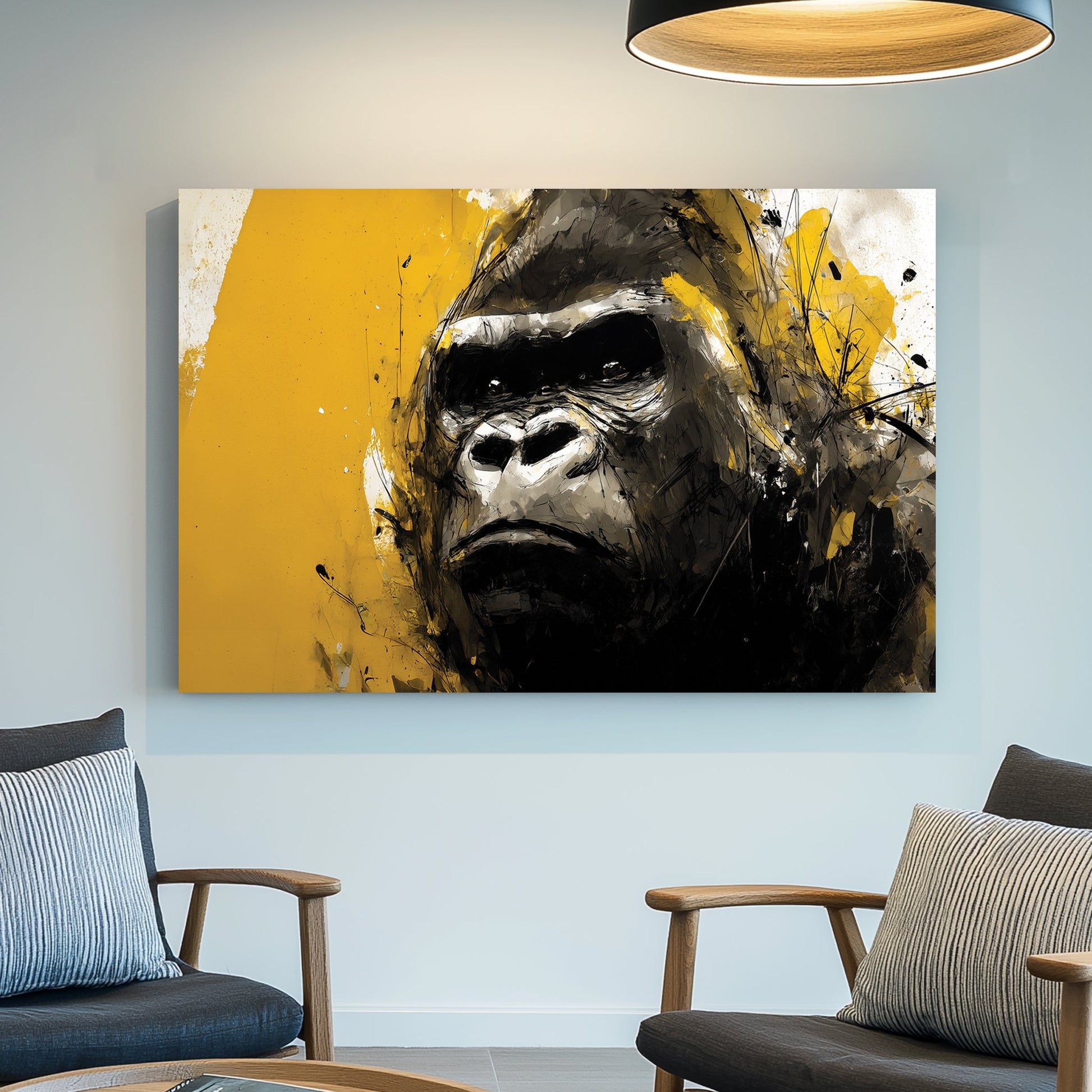 silverback gorilla wall art with yellow and black paint splashes