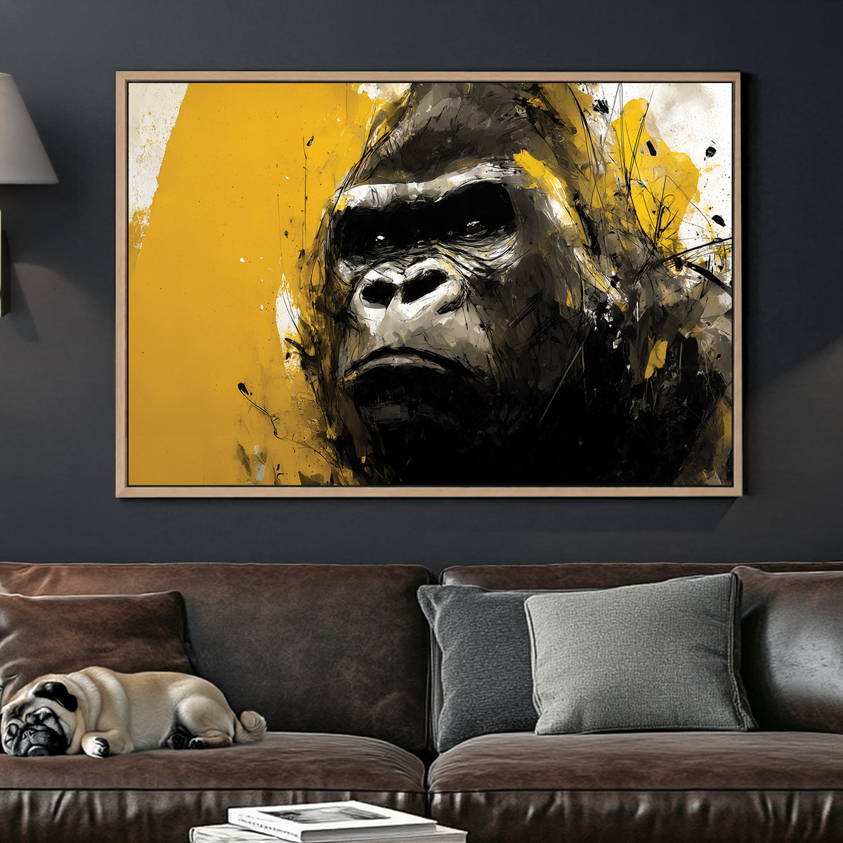 silverback gorilla wall art with yellow and black paint splashes
