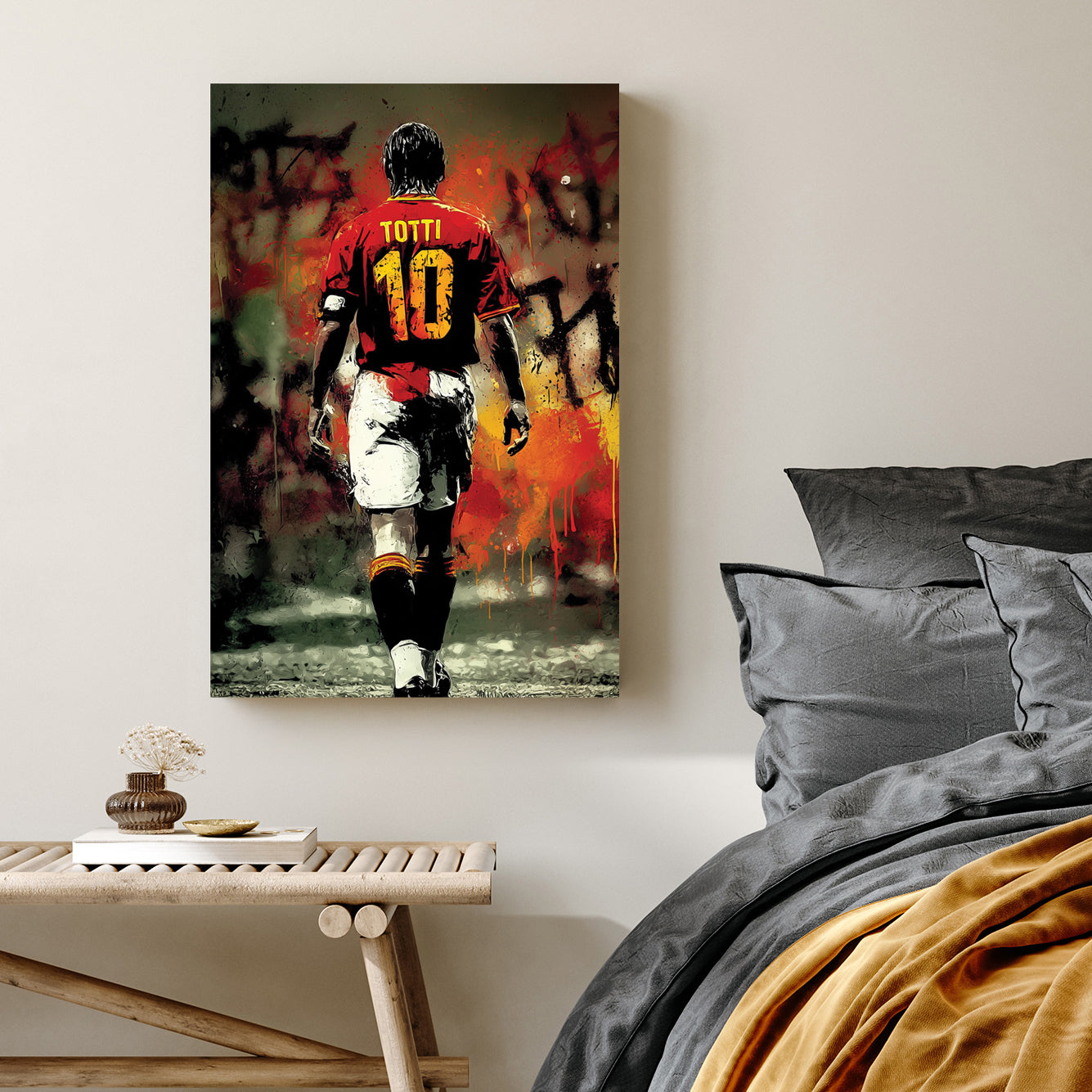 francesco totti wall art with graffiti background and crown elements