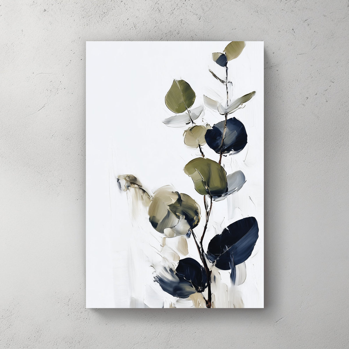 minimalist eucalyptus wall art in navy and green on white background