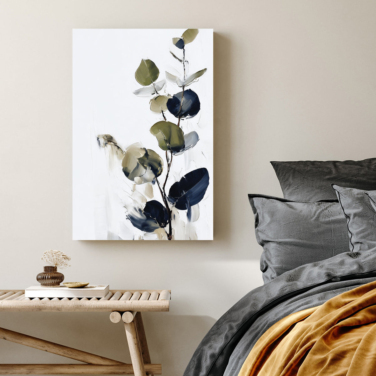 minimalist eucalyptus wall art in navy and green on white background