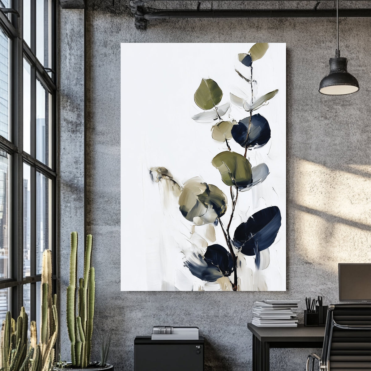 minimalist eucalyptus wall art in navy and green on white background