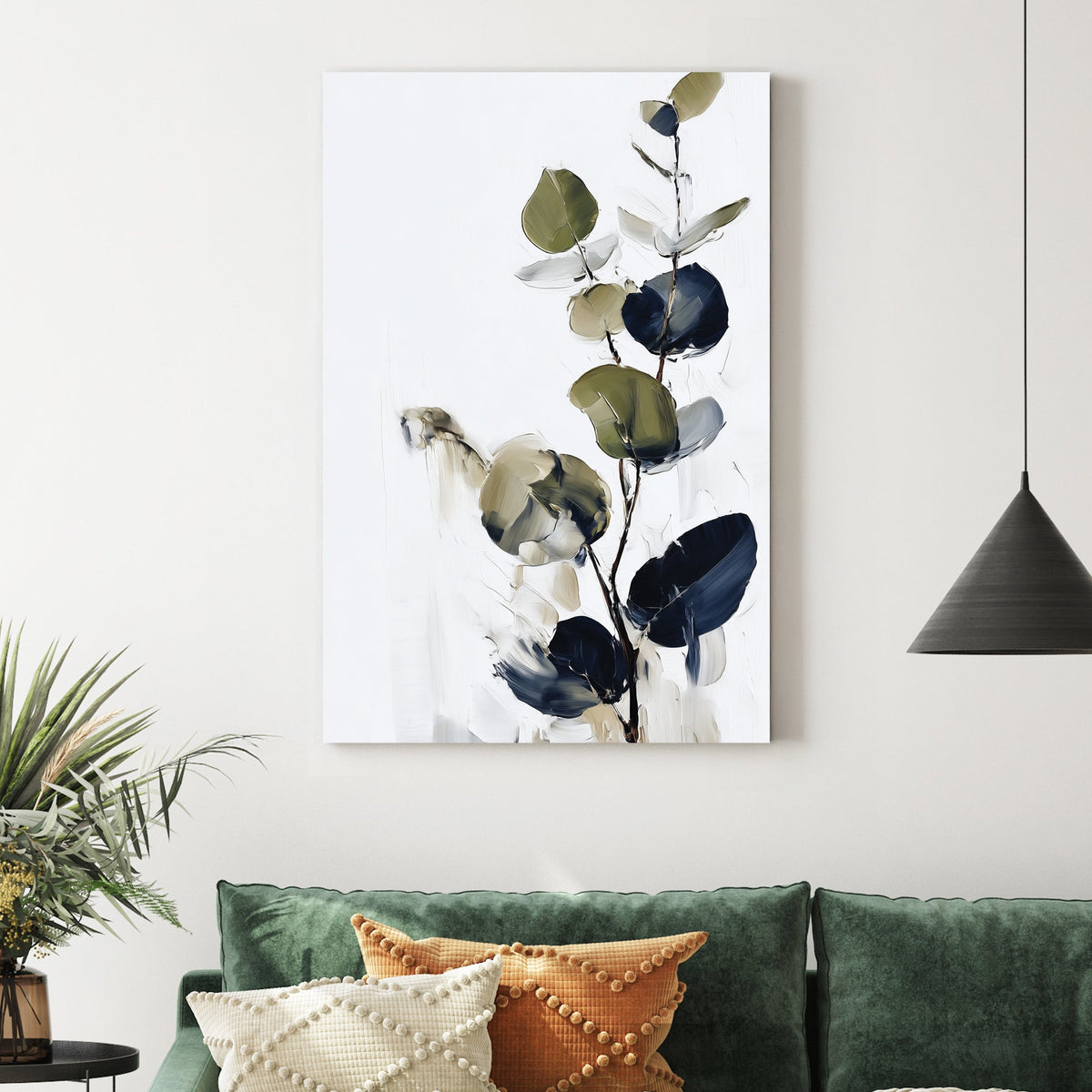minimalist eucalyptus wall art in navy and green on white background