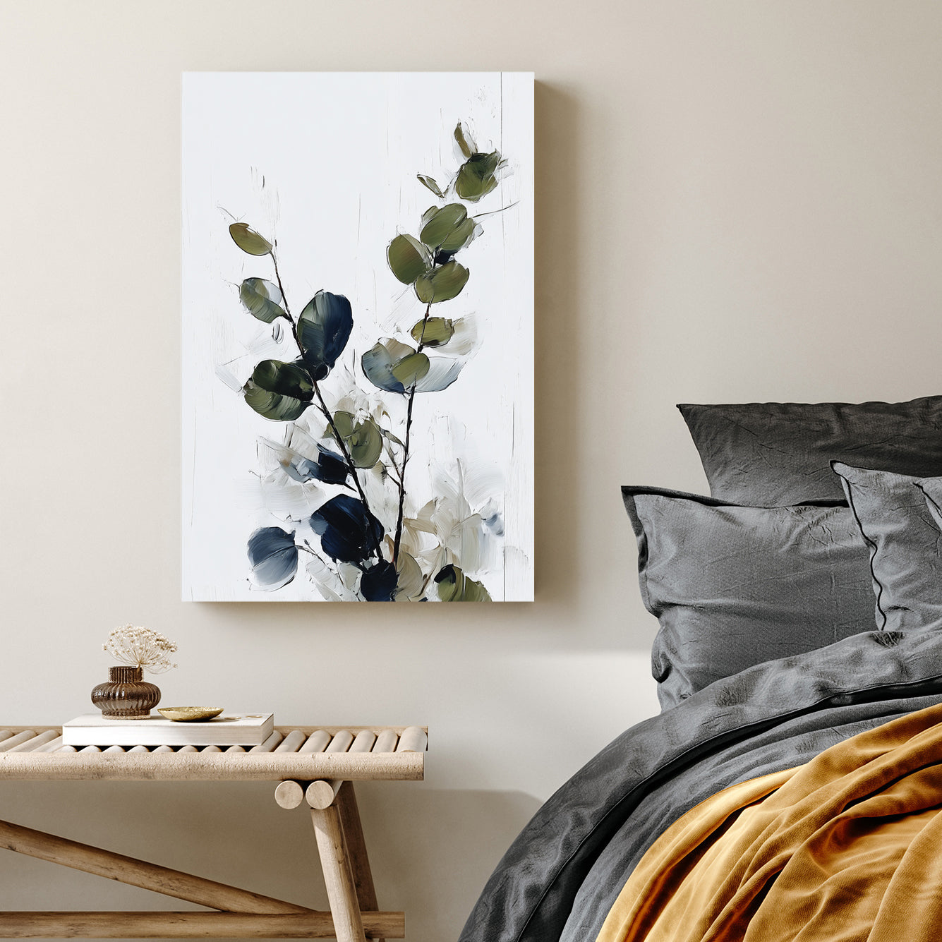 eucalyptus branch minimal wall art in green and navy tones