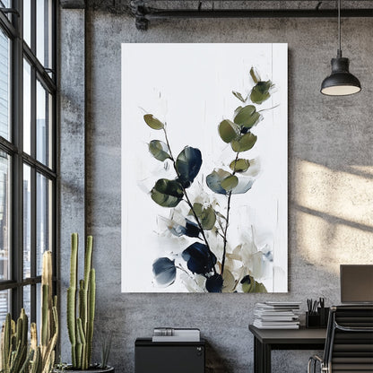 eucalyptus branch minimal wall art in green and navy tones