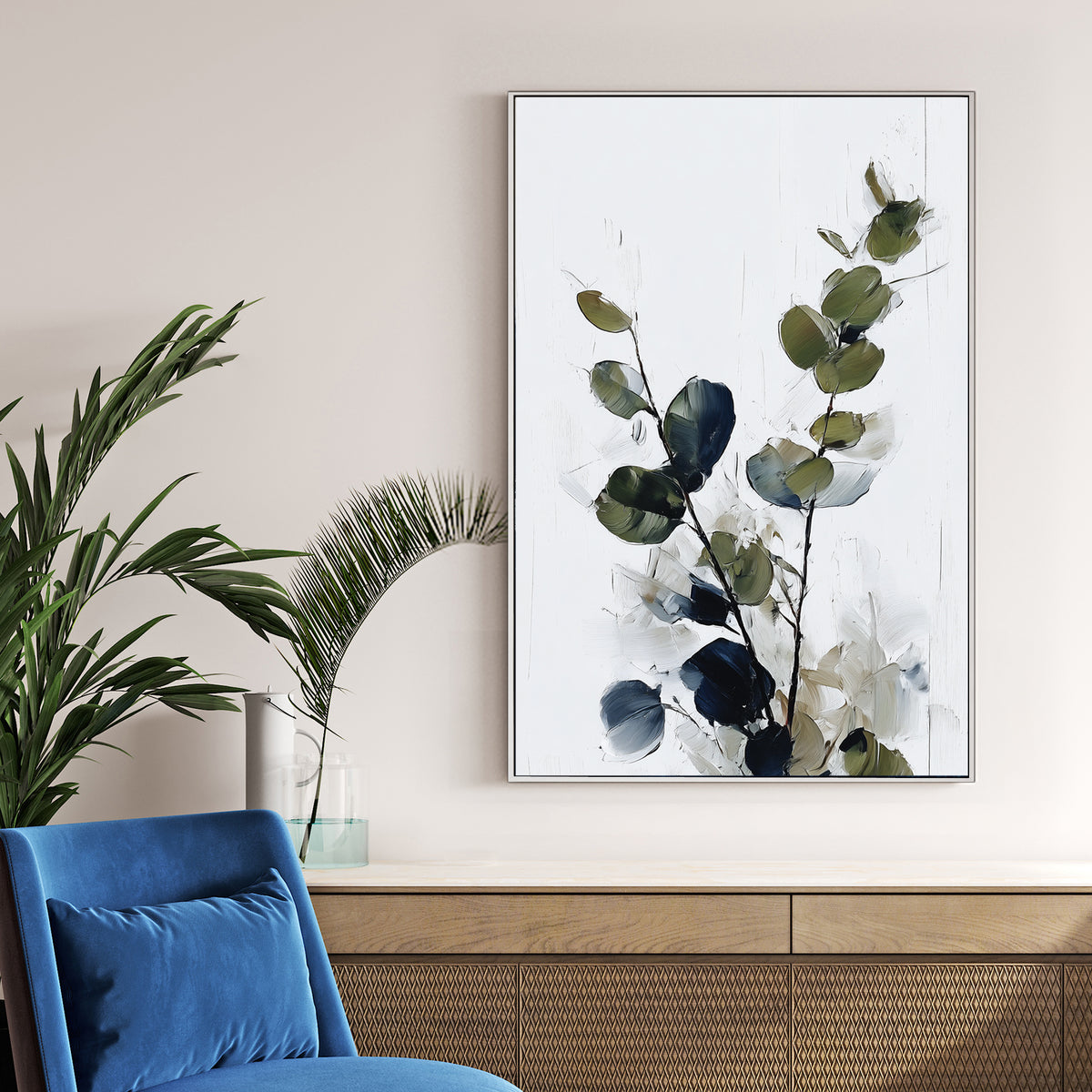 eucalyptus branch minimal wall art in green and navy tones