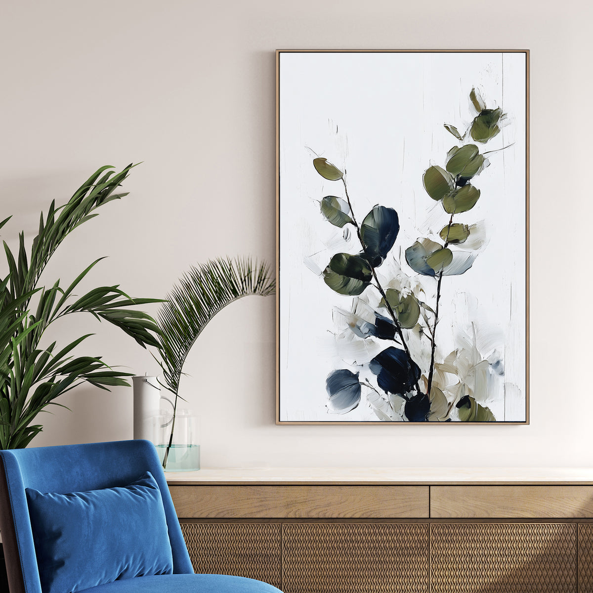 eucalyptus branch minimal wall art in green and navy tones
