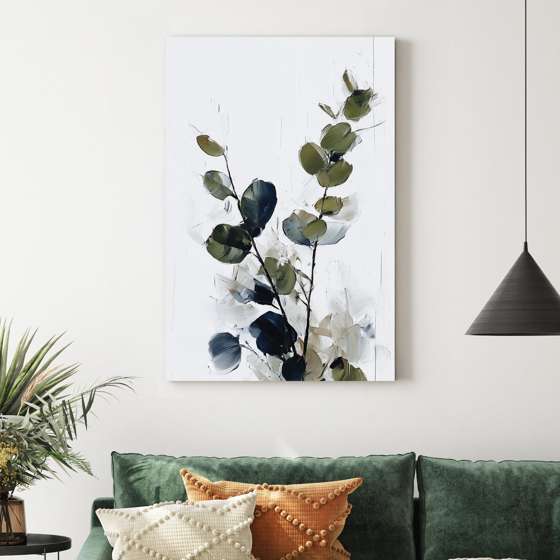 eucalyptus branch minimal wall art in green and navy tones