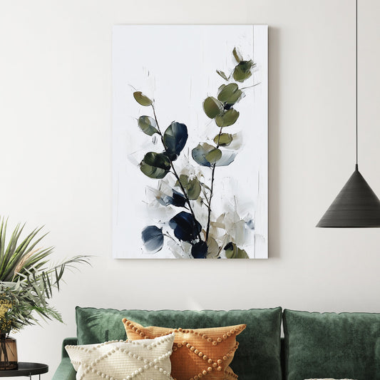 eucalyptus branch minimal wall art in green and navy tones