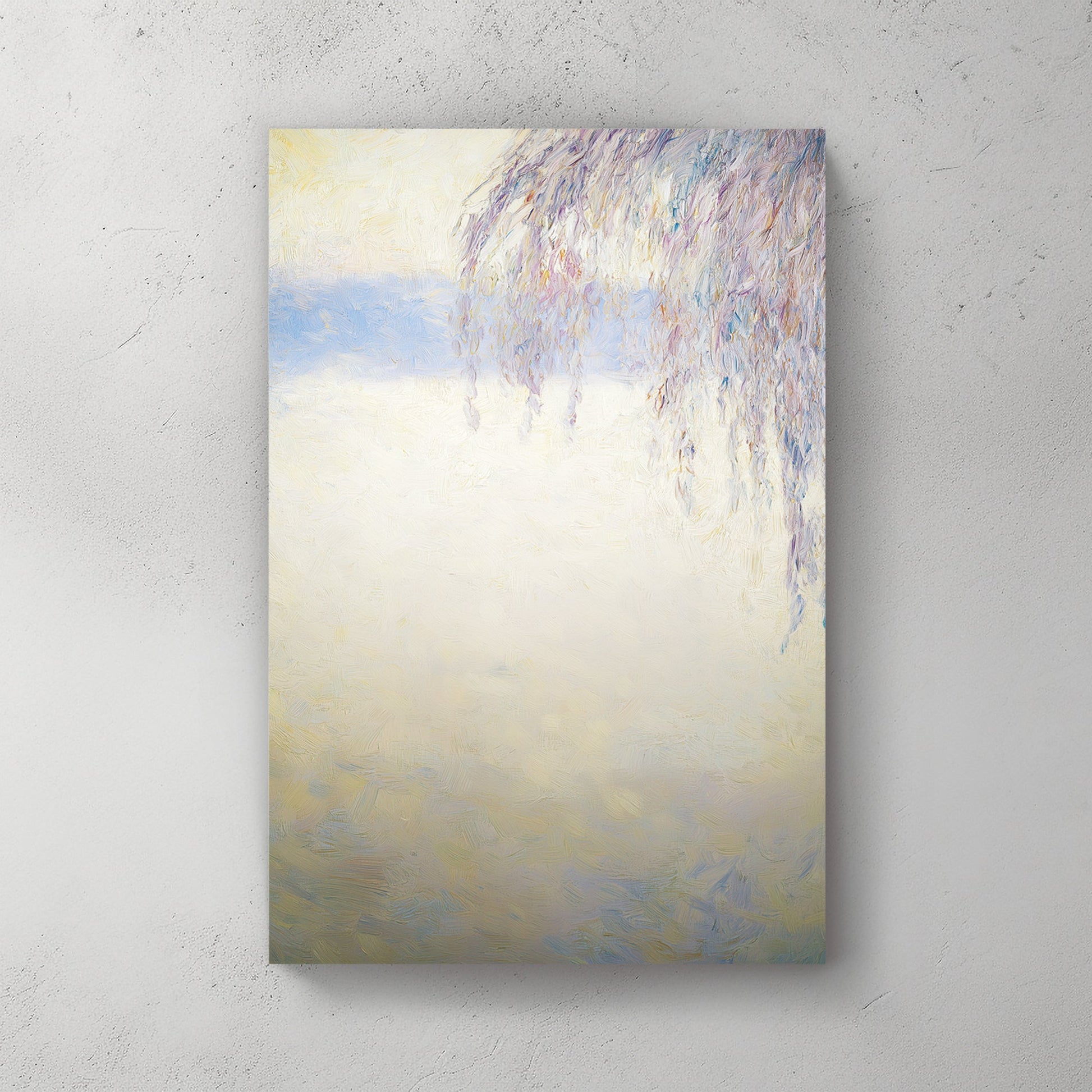 soft winter landscape wall art with frost-covered branches on pale background