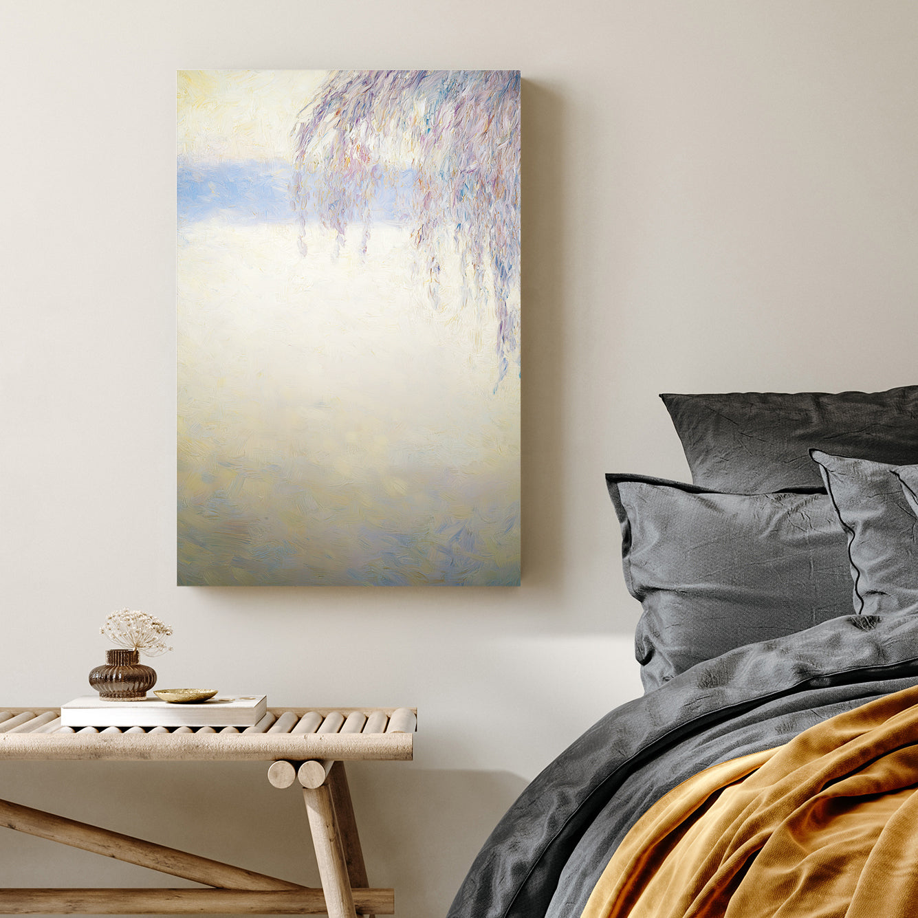 soft winter landscape wall art with frost-covered branches on pale background