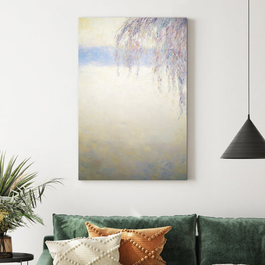 soft winter landscape wall art with frost-covered branches on pale background