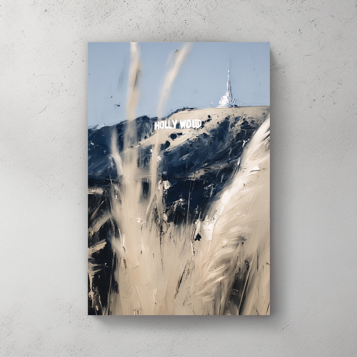 abstract Hollywood sign wall art with beige and navy brushstrokes