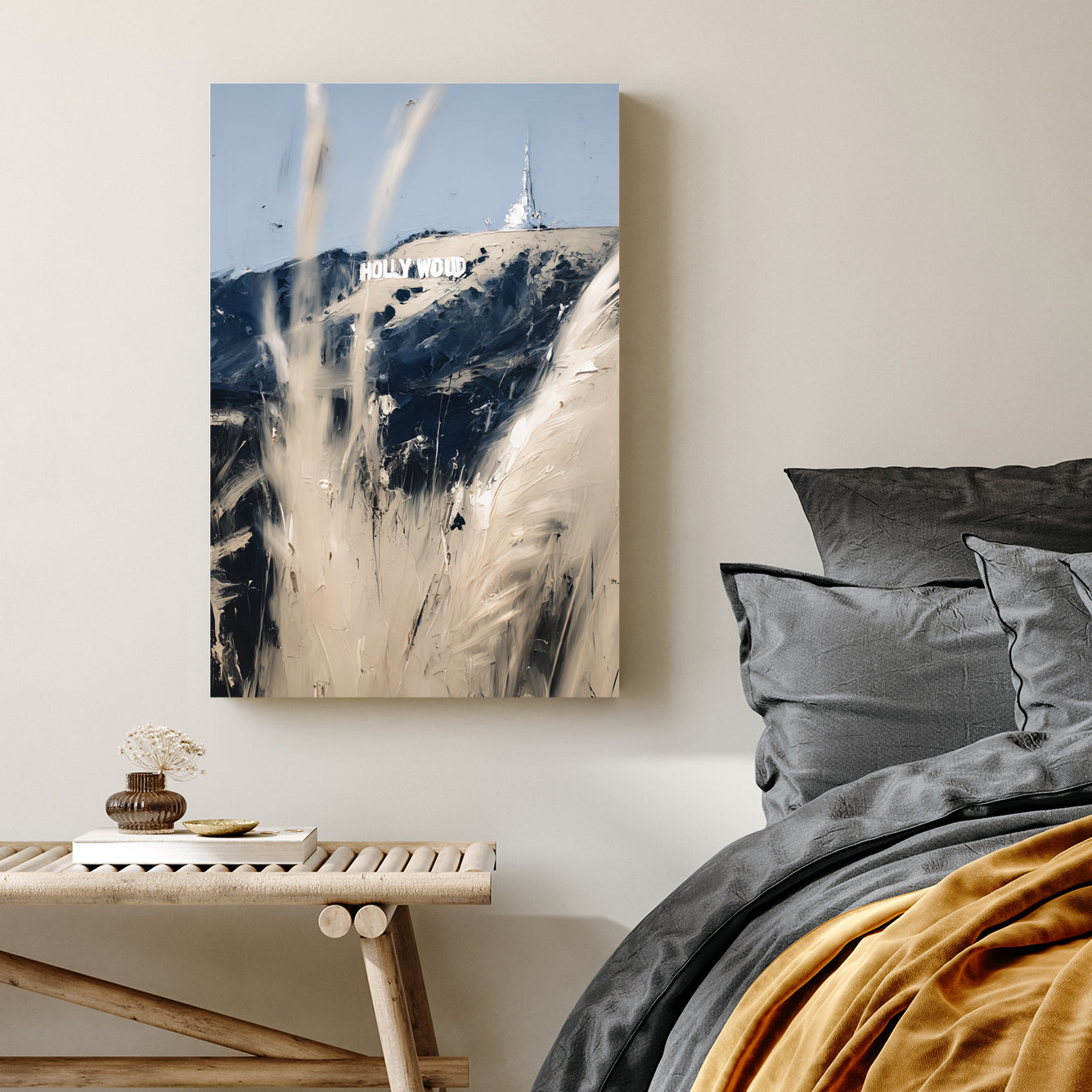abstract Hollywood sign wall art with beige and navy brushstrokes