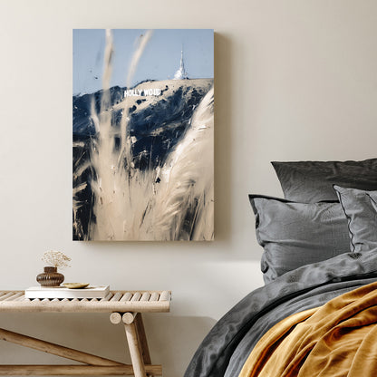abstract Hollywood sign wall art with beige and navy brushstrokes
