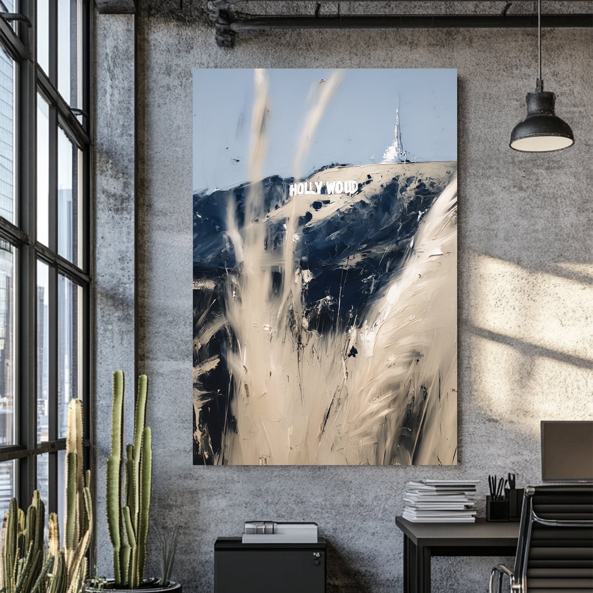 abstract Hollywood sign wall art with beige and navy brushstrokes