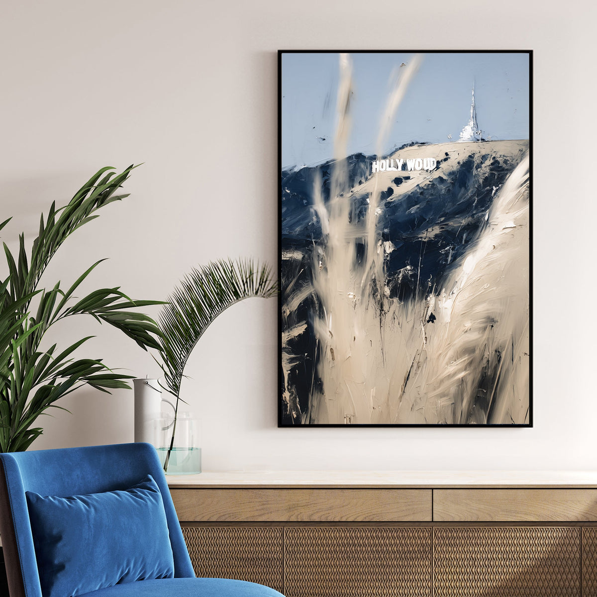 abstract Hollywood sign wall art with beige and navy brushstrokes