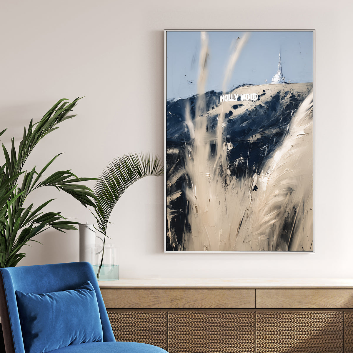 abstract Hollywood sign wall art with beige and navy brushstrokes