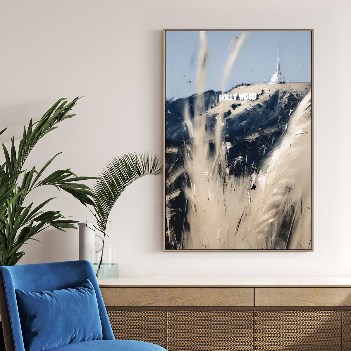 abstract Hollywood sign wall art with beige and navy brushstrokes