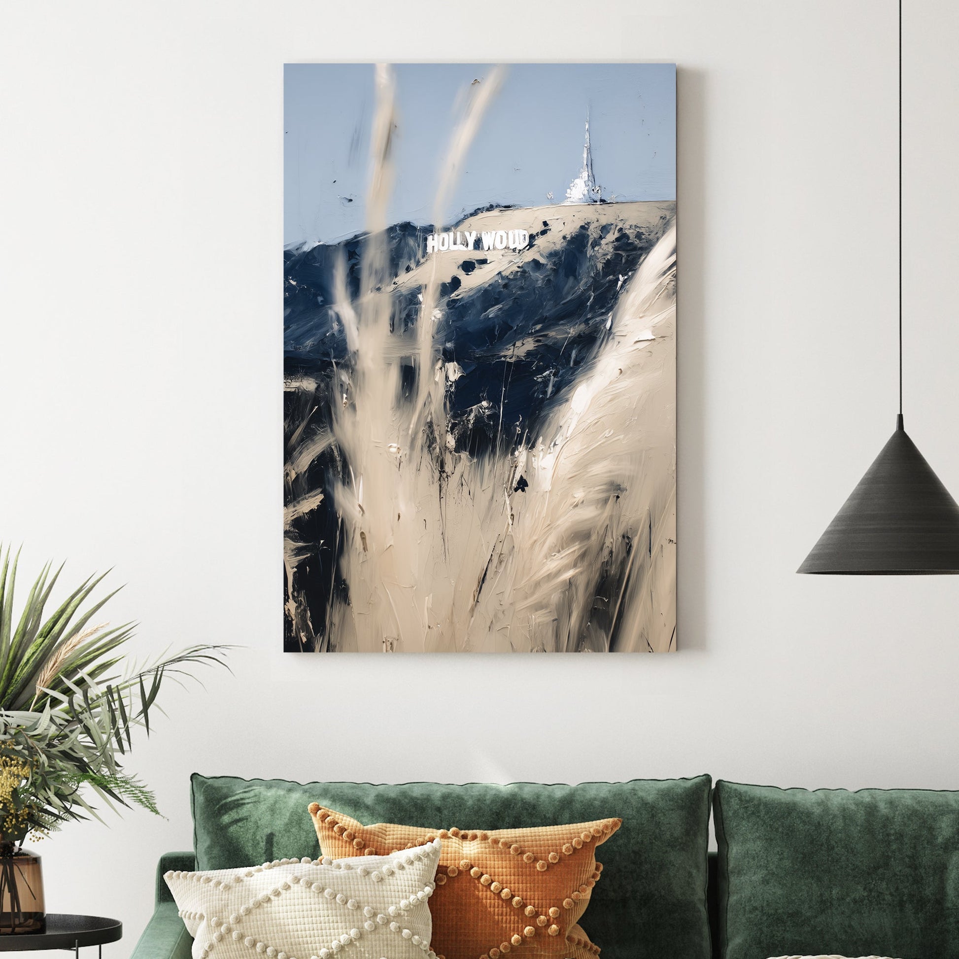 abstract Hollywood sign wall art with beige and navy brushstrokes