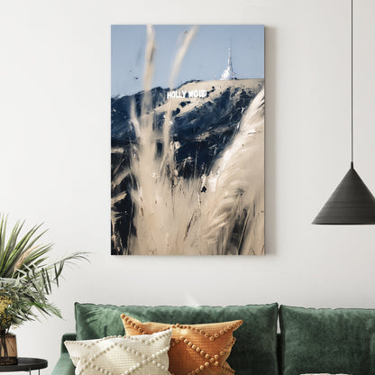 abstract Hollywood sign wall art with beige and navy brushstrokes