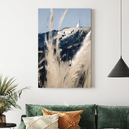 abstract Hollywood sign wall art with beige and navy brushstrokes