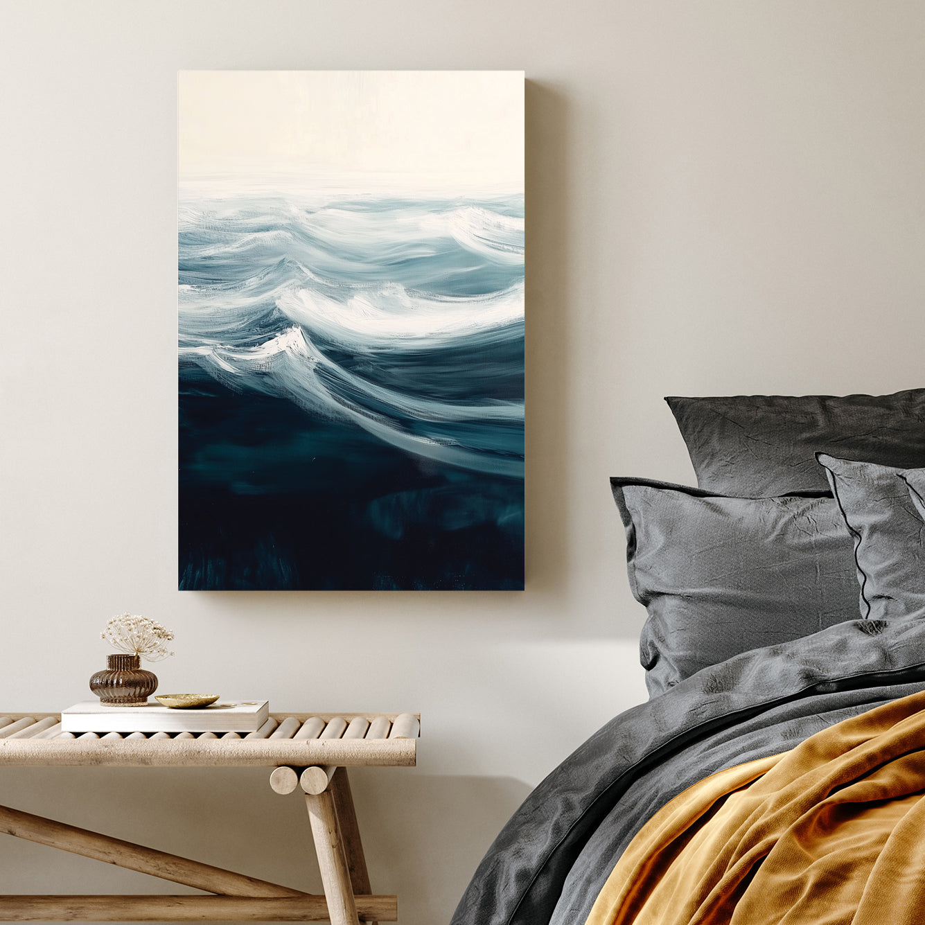 minimalist ocean wave wall art in teal and white