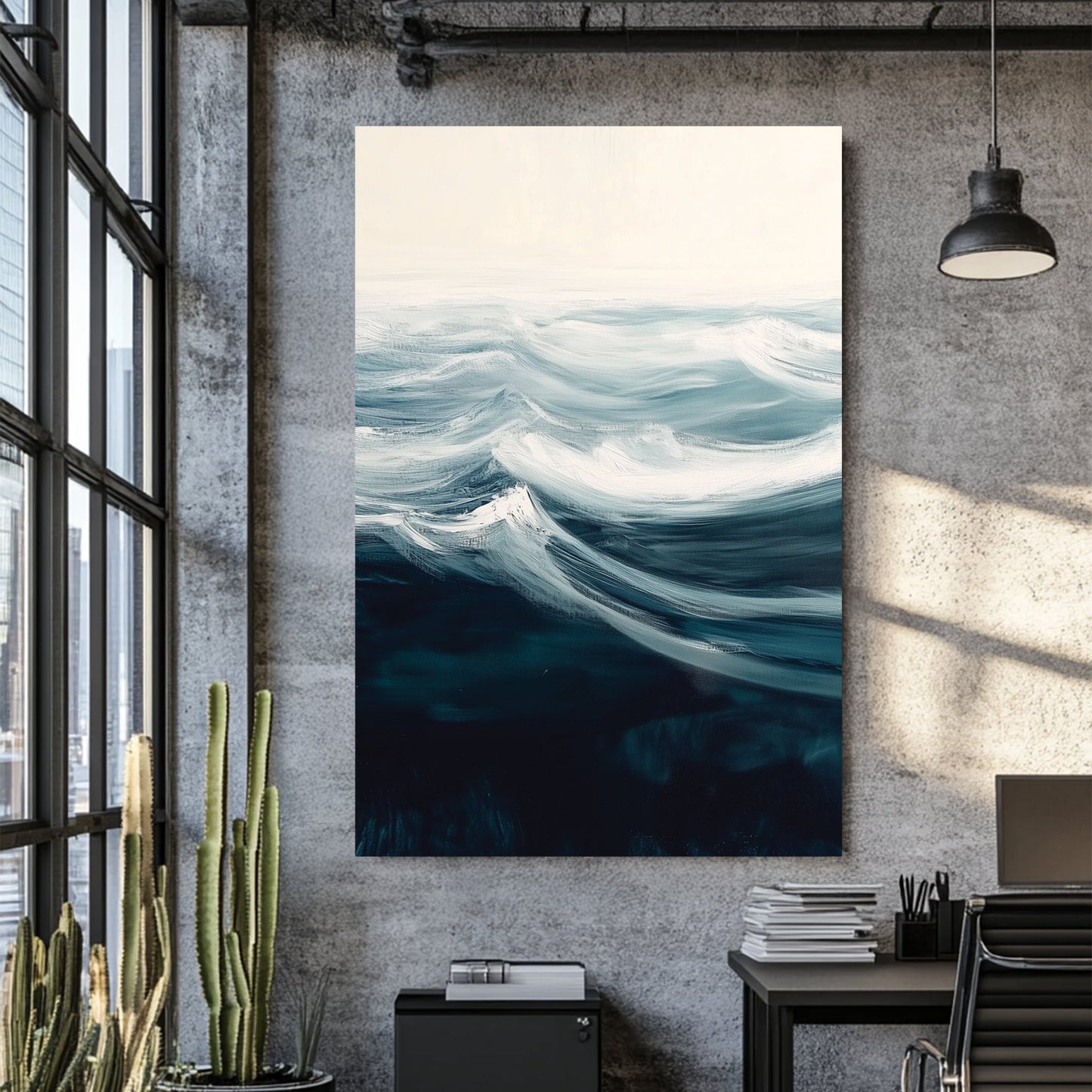 minimalist ocean wave wall art in teal and white