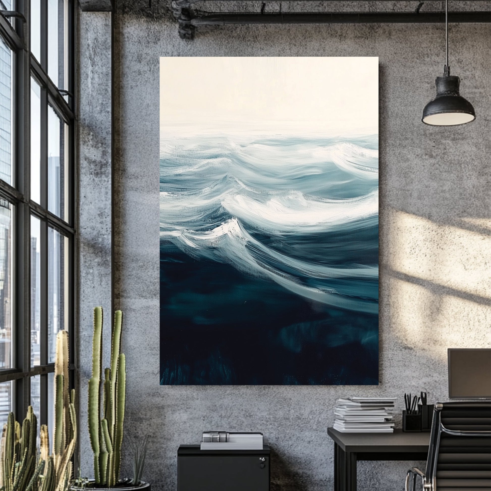 minimalist ocean wave wall art in teal and white