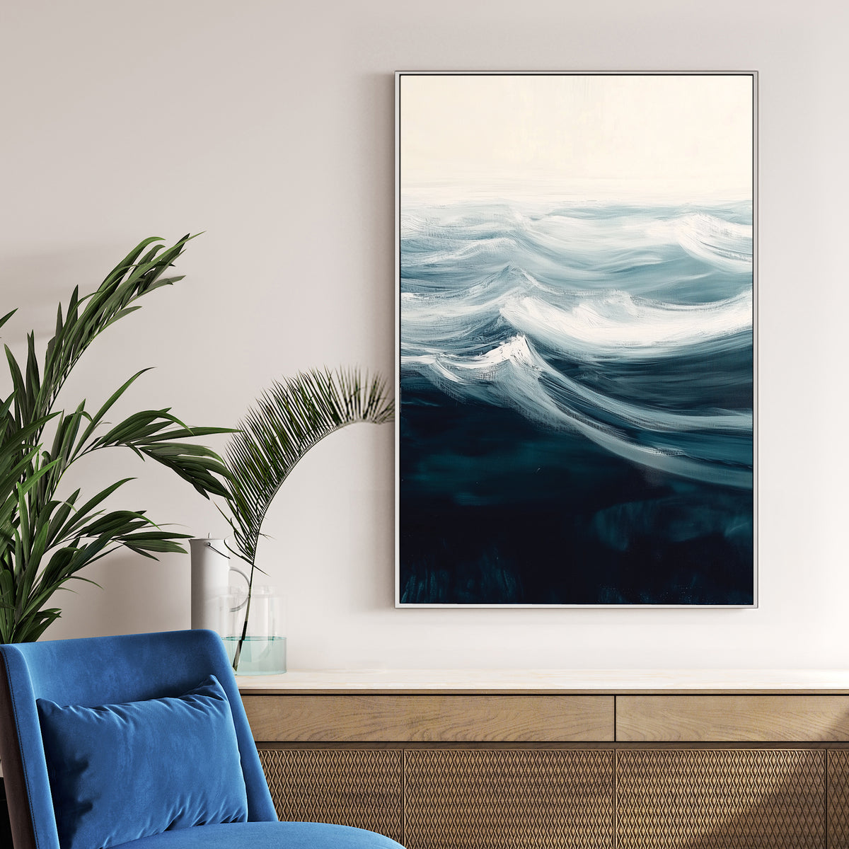 minimalist ocean wave wall art in teal and white